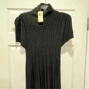Max Edition Black Maxi Sweater Dress textured chest, short sleeve w turtleneck